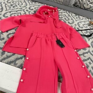 Women's Pink Wide Leg Pants with Pearl Accents